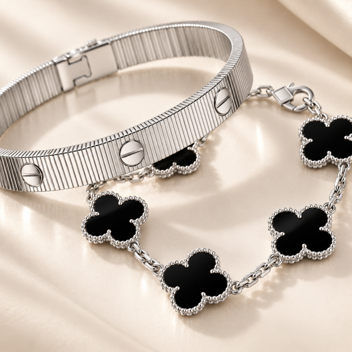 [ElanLuxe Jewelry]Clover & Love Sliver 2-Piece Bracelet Stack Set