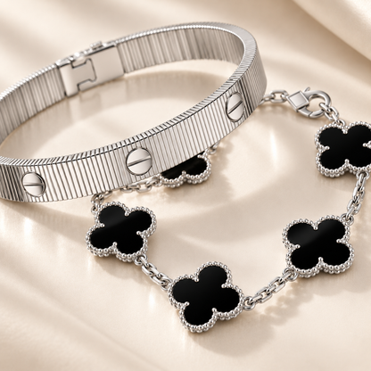 [ElanLuxe Jewelry]Clover & Love Sliver 2-Piece Bracelet Stack Set
