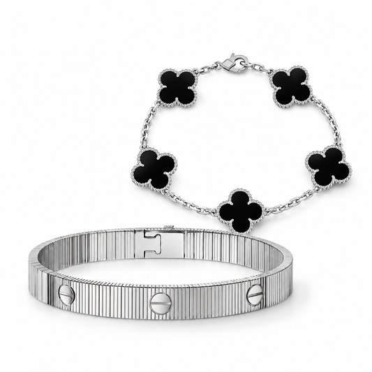 [ElanLuxe Jewelry]Clover & Love Sliver 2-Piece Bracelet Stack Set
