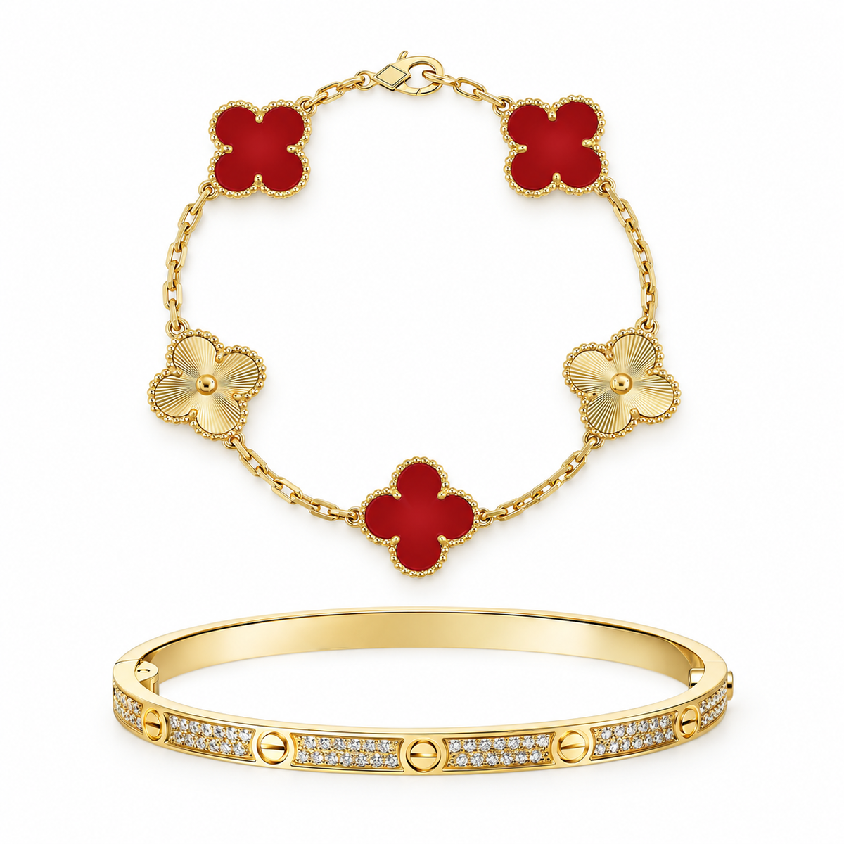 [ElanLuxe Jewelry]Clover & Love Diamond-Paved Radiant Line 2-Piece Bracelet Stack Set