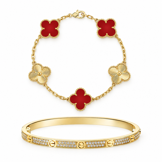 [ElanLuxe Jewelry]Clover & Love Diamond-Paved Radiant Line 2-Piece Bracelet Stack Set