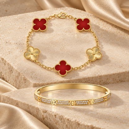 [ElanLuxe Jewelry]Clover & Love Diamond-Paved Radiant Line 2-Piece Bracelet Stack Set