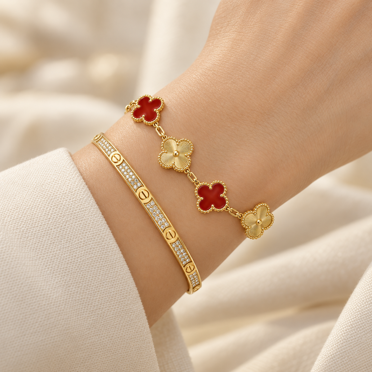 [ElanLuxe Jewelry]Clover & Love Diamond-Paved Radiant Line 2-Piece Bracelet Stack Set