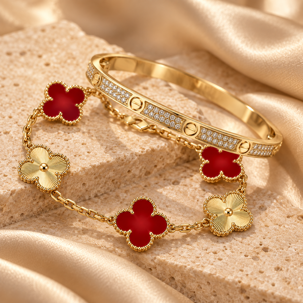 [ElanLuxe Jewelry]Clover & Love Diamond-Paved Radiant Line 2-Piece Bracelet Stack Set