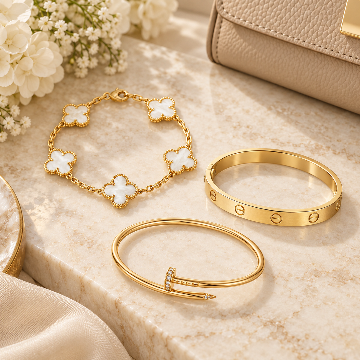 [ElanLuxe Jewelry]Clover & Lover & Juste Bracelet Stack Set