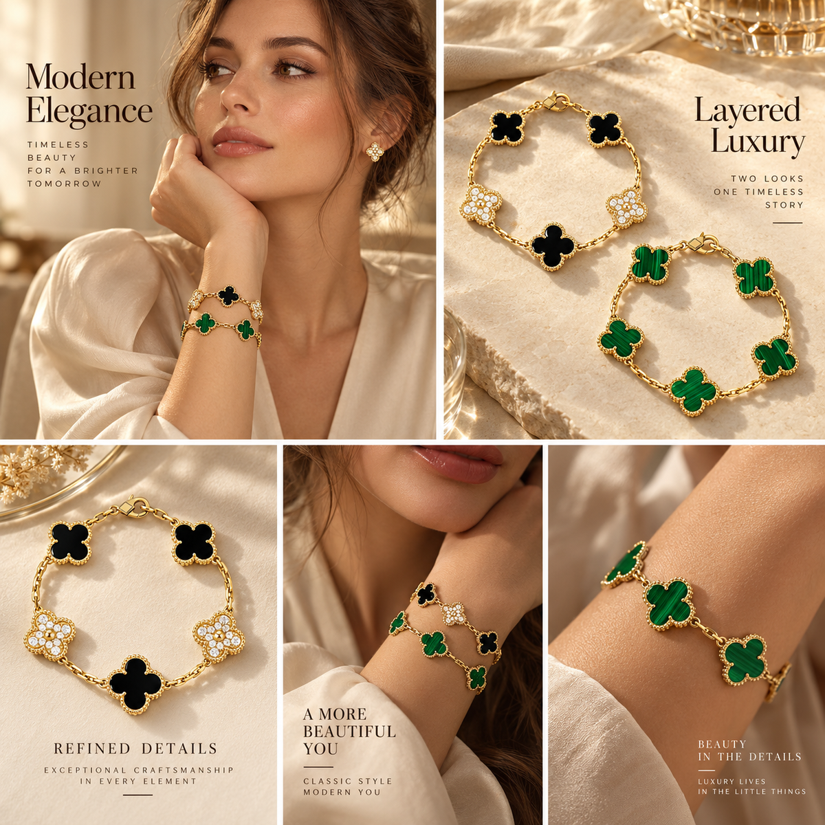 [ElanLuxe Jewelry]Clover 5 Motifs  Duo Bracelet Stack Set