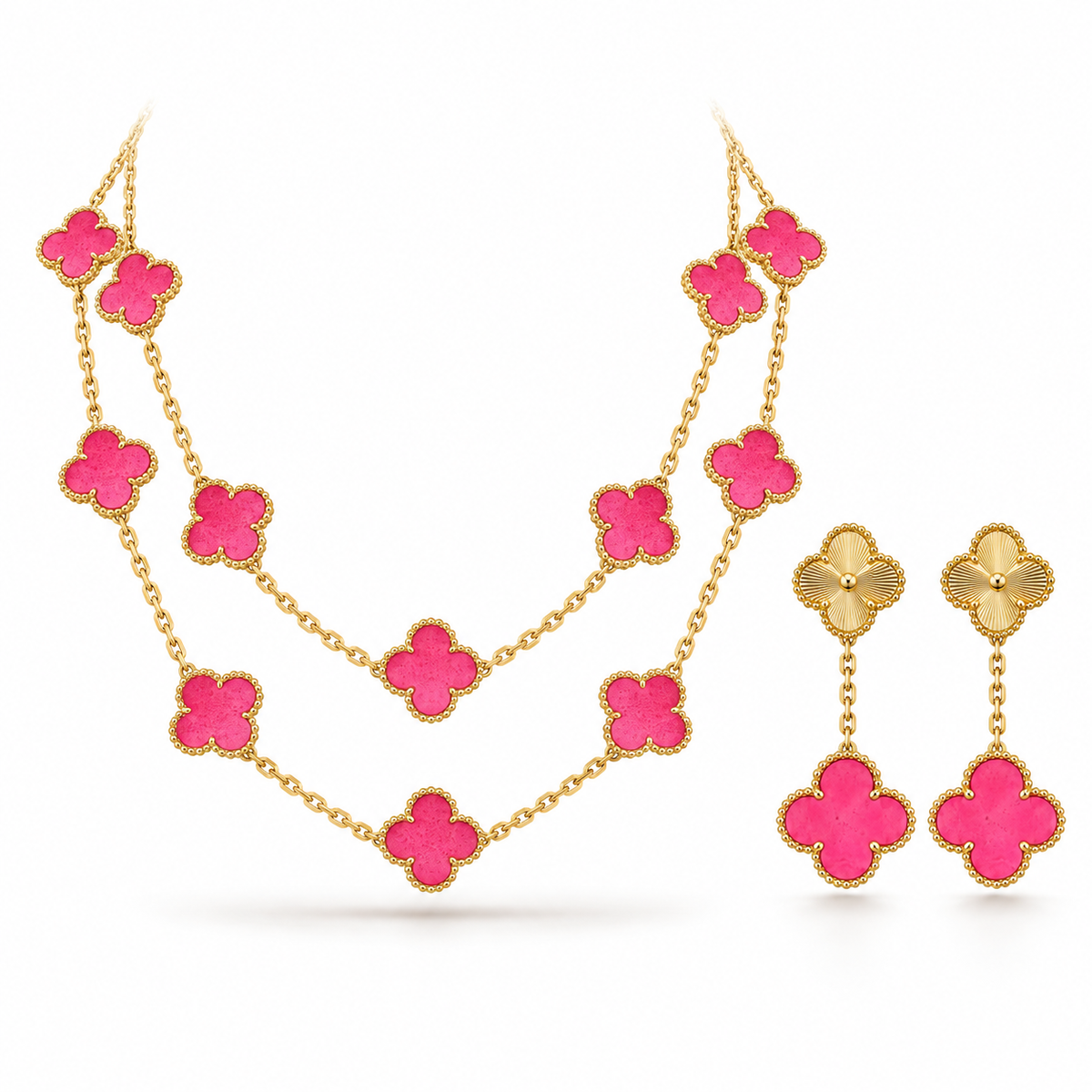 [ElanLuxe Jewelry]Clover Pink Enamel Necklace & Earring Jewelry Set