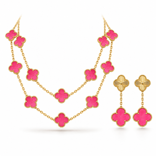 [ElanLuxe Jewelry]Clover Pink Enamel Necklace & Earring Jewelry Set