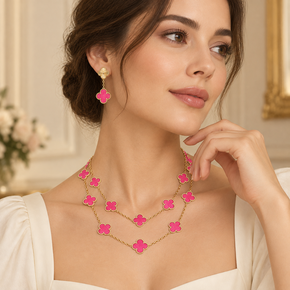 [ElanLuxe Jewelry]Clover Pink Enamel Necklace & Earring Jewelry Set