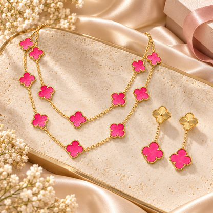 [ElanLuxe Jewelry]Clover Pink Enamel Necklace & Earring Jewelry Set