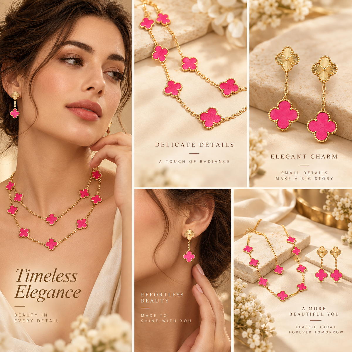 [ElanLuxe Jewelry]Clover Pink Enamel Necklace & Earring Jewelry Set