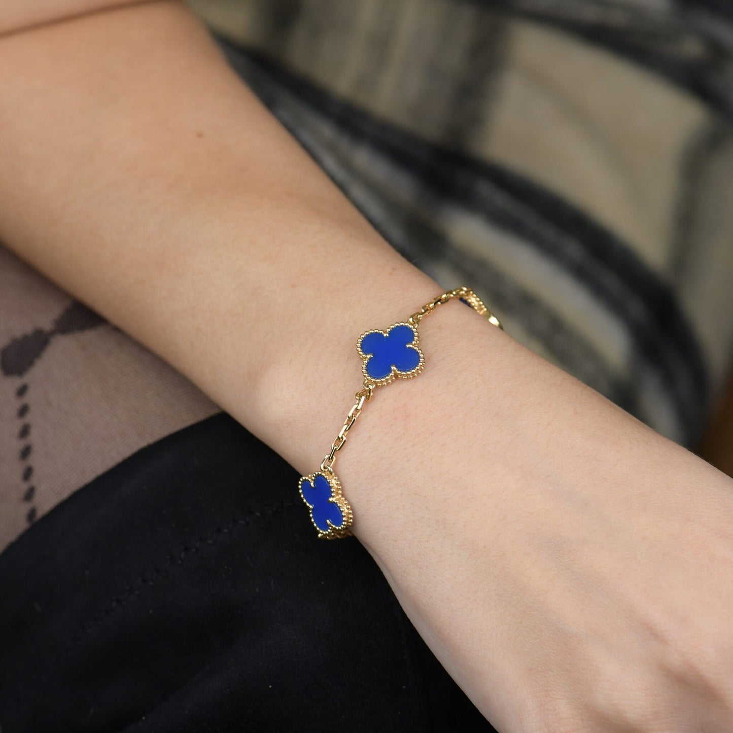 [ElanLuxe Jewelry]CLOVER 5 MOTIFS BLUE AGATE BRACELET