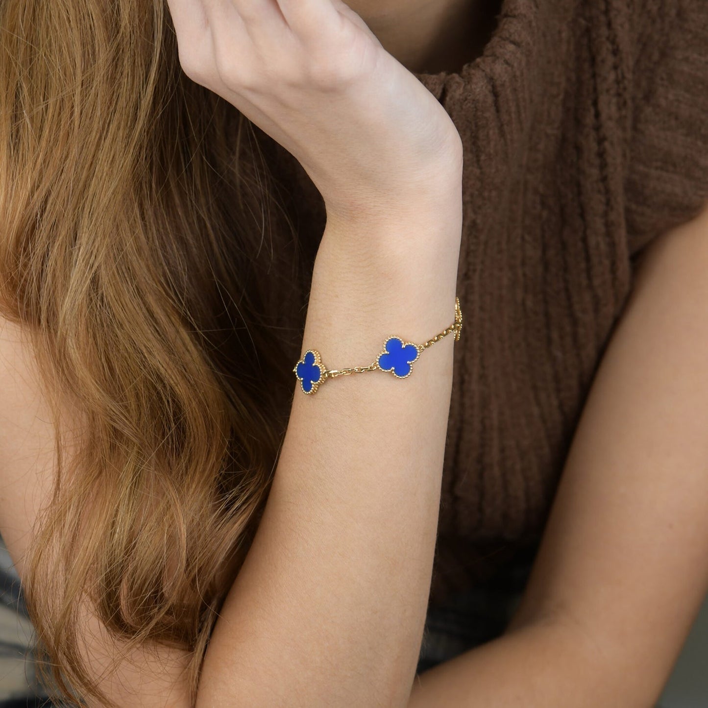 [ElanLuxe Jewelry]CLOVER 5 MOTIFS BLUE AGATE BRACELET