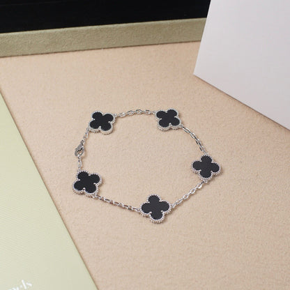 [ElanLuxe Jewelry]CLOVER 5 MOTIF ONYXS  BRACELET SILVER