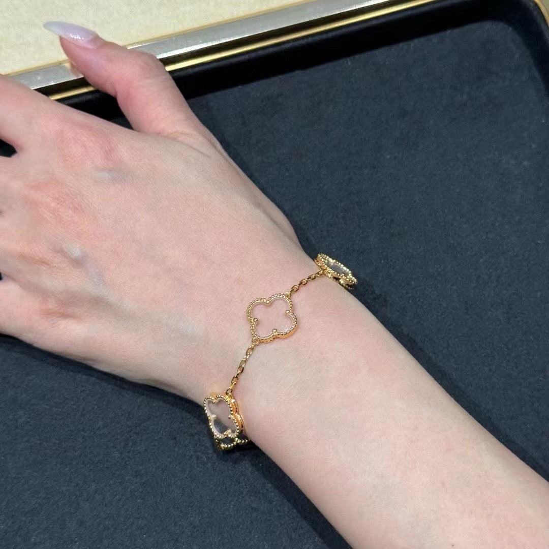 [ElanLuxe Jewelry]CLOVER 5 MOTIF ROCK CRYSTAL PINK GOLD BRACELET