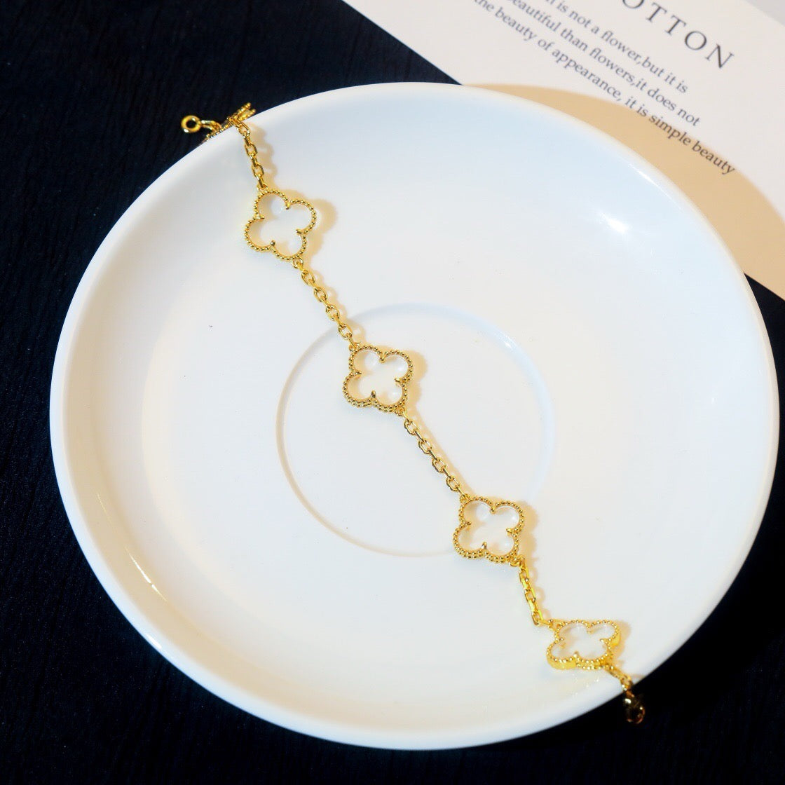 [ElanLuxe Jewelry]CLOVER 5 MOTIF ROCK CRYSTAL PINK GOLD BRACELET