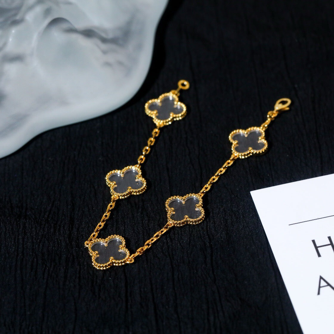 [ElanLuxe Jewelry]CLOVER 5 MOTIF ROCK CRYSTAL PINK GOLD BRACELET