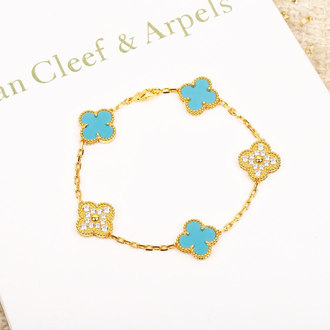 [ElanLuxe Jewelry]CLOVER 5 MOTIF TURQUOISE DIAMOND GOLD BRACELET