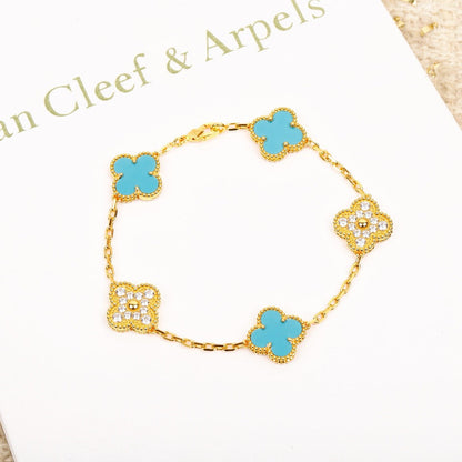 [ElanLuxe Jewelry]CLOVER 5 MOTIF TURQUOISE DIAMOND GOLD BRACELET