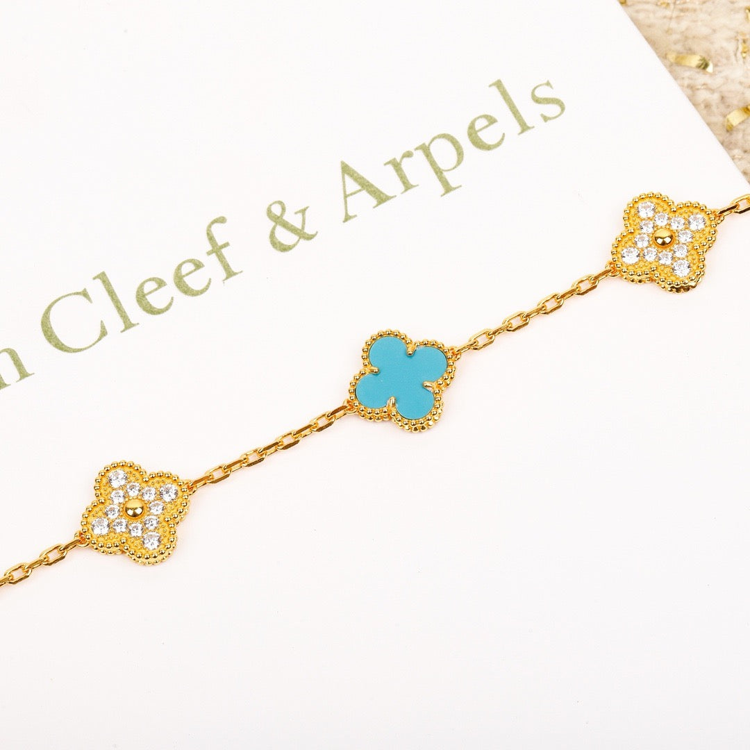 [ElanLuxe Jewelry]CLOVER 5 MOTIF TURQUOISE DIAMOND GOLD BRACELET