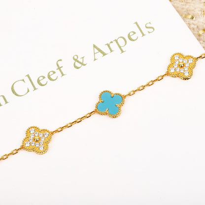 [ElanLuxe Jewelry]CLOVER 5 MOTIF TURQUOISE DIAMOND GOLD BRACELET