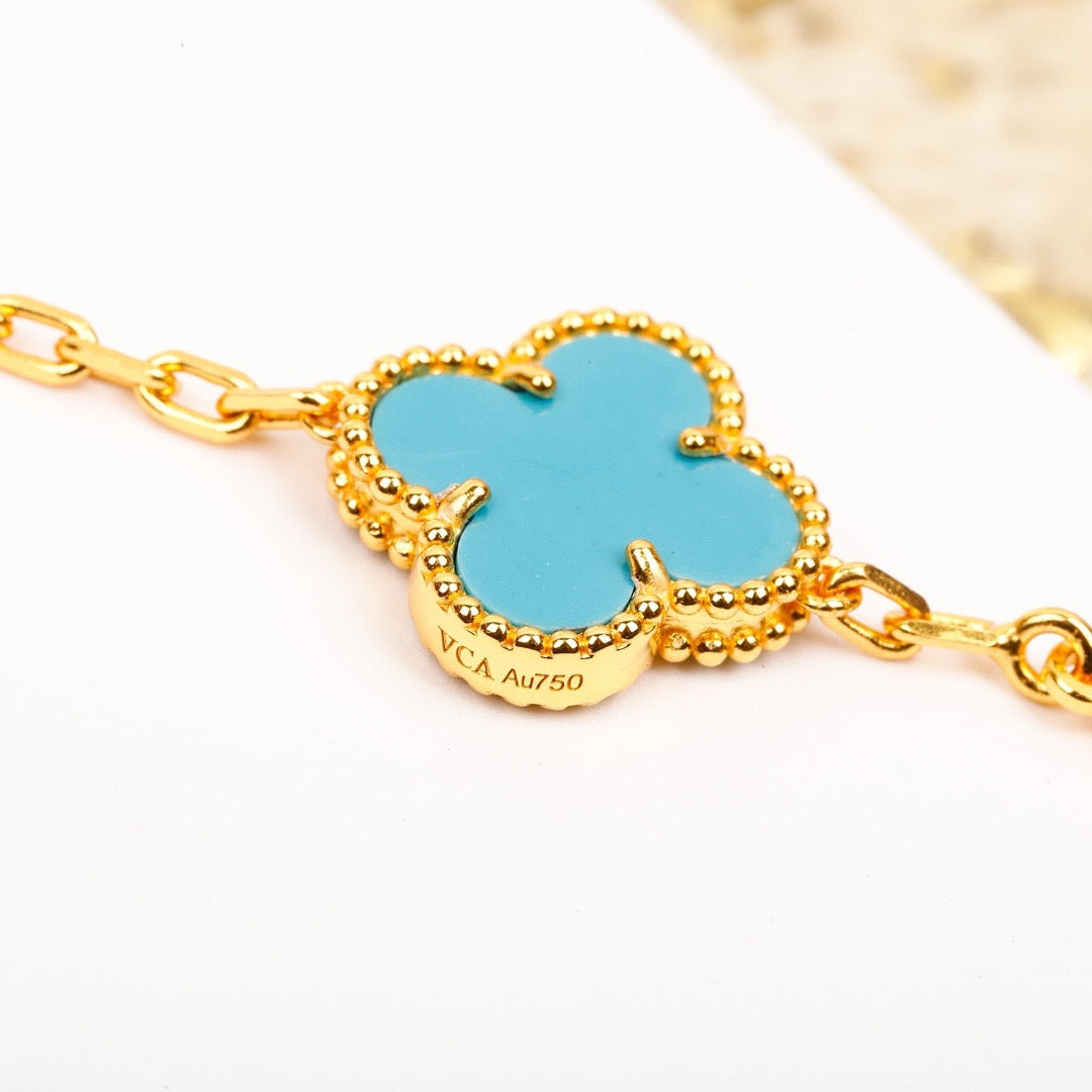 [ElanLuxe Jewelry]CLOVER 5 MOTIF TURQUOISE DIAMOND GOLD BRACELET