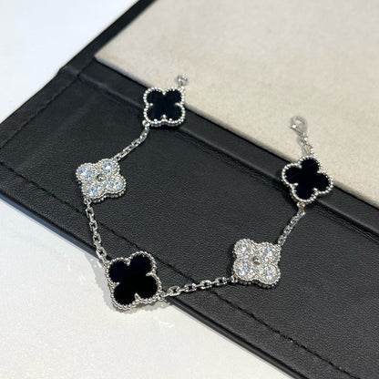 [ElanLuxe Jewelry]CLOVER 5 MOTIF ONYXS DIAMOND BRACELET SILVER