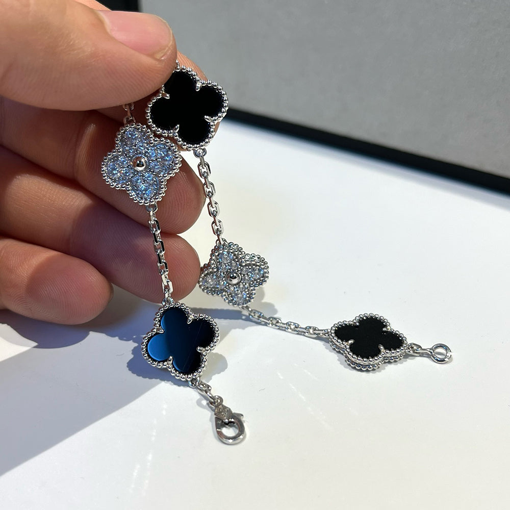 [ElanLuxe Jewelry]CLOVER 5 MOTIF ONYXS DIAMOND BRACELET SILVER