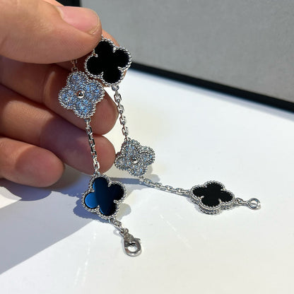 [ElanLuxe Jewelry]CLOVER 5 MOTIF ONYXS DIAMOND BRACELET SILVER