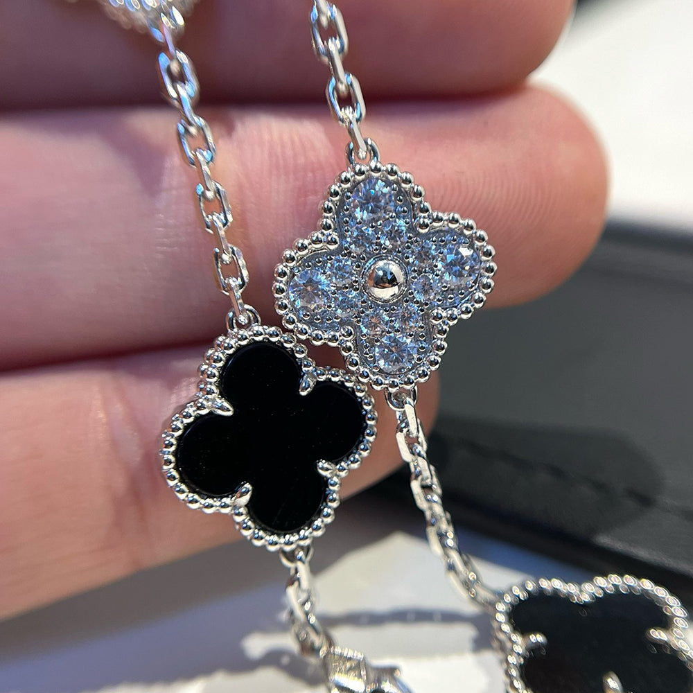 [ElanLuxe Jewelry]CLOVER 5 MOTIF ONYXS DIAMOND BRACELET SILVER