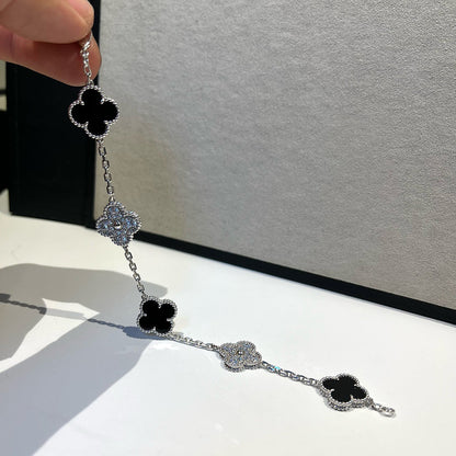 [ElanLuxe Jewelry]CLOVER 5 MOTIF ONYXS DIAMOND BRACELET SILVER