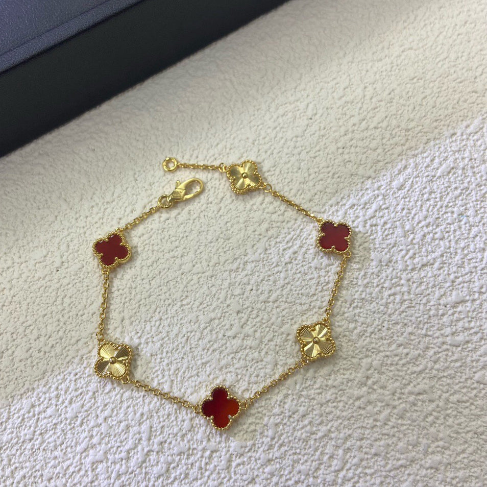 [ElanLuxe Jewelry]CLOVER 6 MOTIF RED AGATE LASER BRACELET
