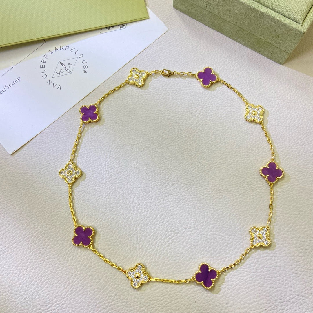 [ElanLuxe Jewelry]CLOVER 10 MOTIFS  PURPLE VIOLET DIAMOND NECKLACE