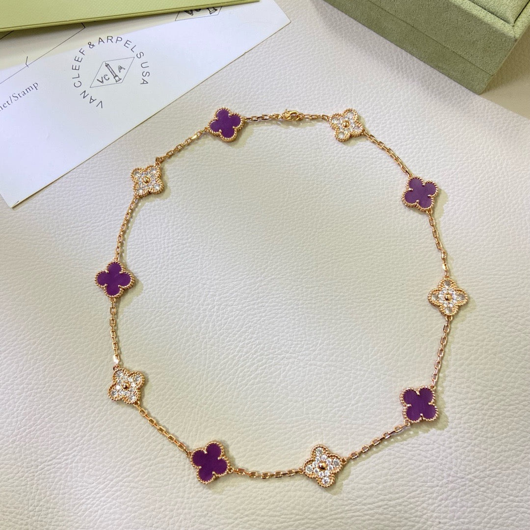 [ElanLuxe Jewelry]CLOVER 10 MOTIFS  PURPLE VIOLET DIAMOND NECKLACE