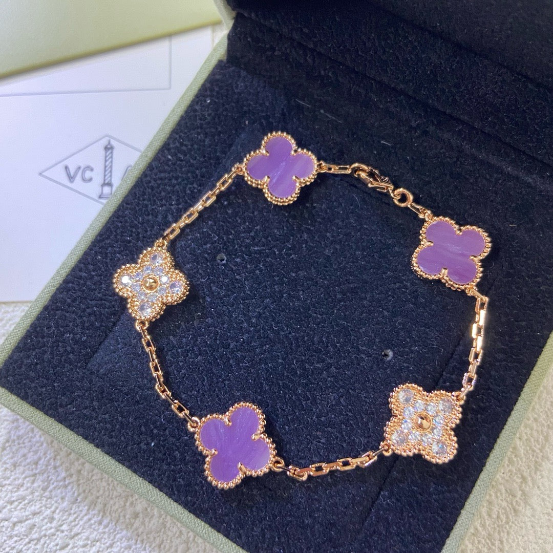 [ElanLuxe Jewelry]CLOVER  5 MOTIFS  PURPLE VIOLET DIAMOND BRACELET