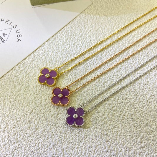 [ElanLuxe Jewelry]CLOVER 15MM DIAMOND  PURPLE VIOLET NECKLACE