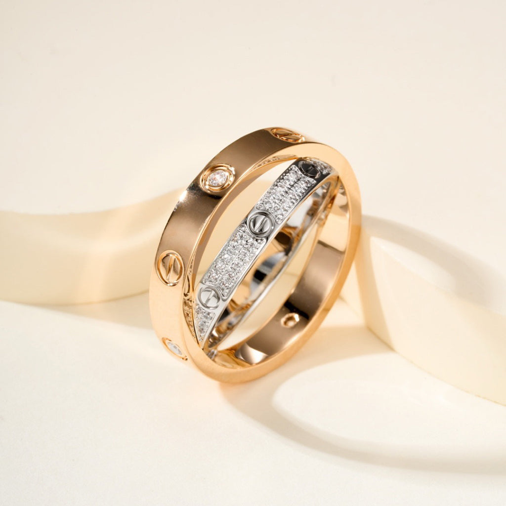 [ElanLuxe Jewelry]LOVE PINK GOLD SILVER DIAMOND DOUBLE RING