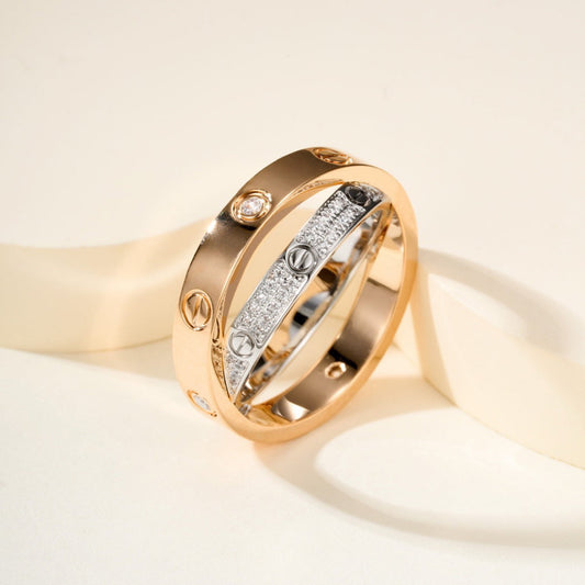 [ElanLuxe Jewelry]LOVE PINK GOLD SILVER DIAMOND DOUBLE RING