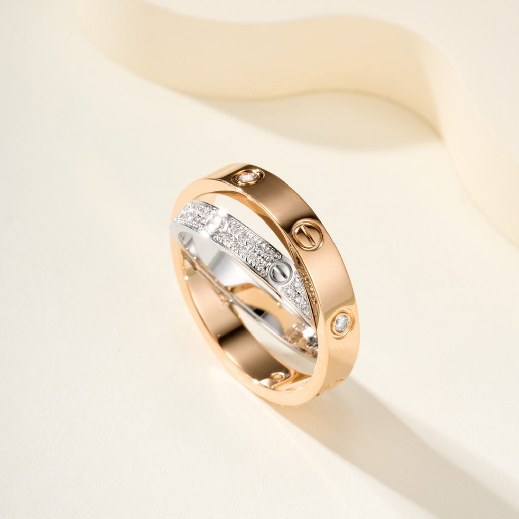 [ElanLuxe Jewelry]LOVE PINK GOLD SILVER DIAMOND DOUBLE RING