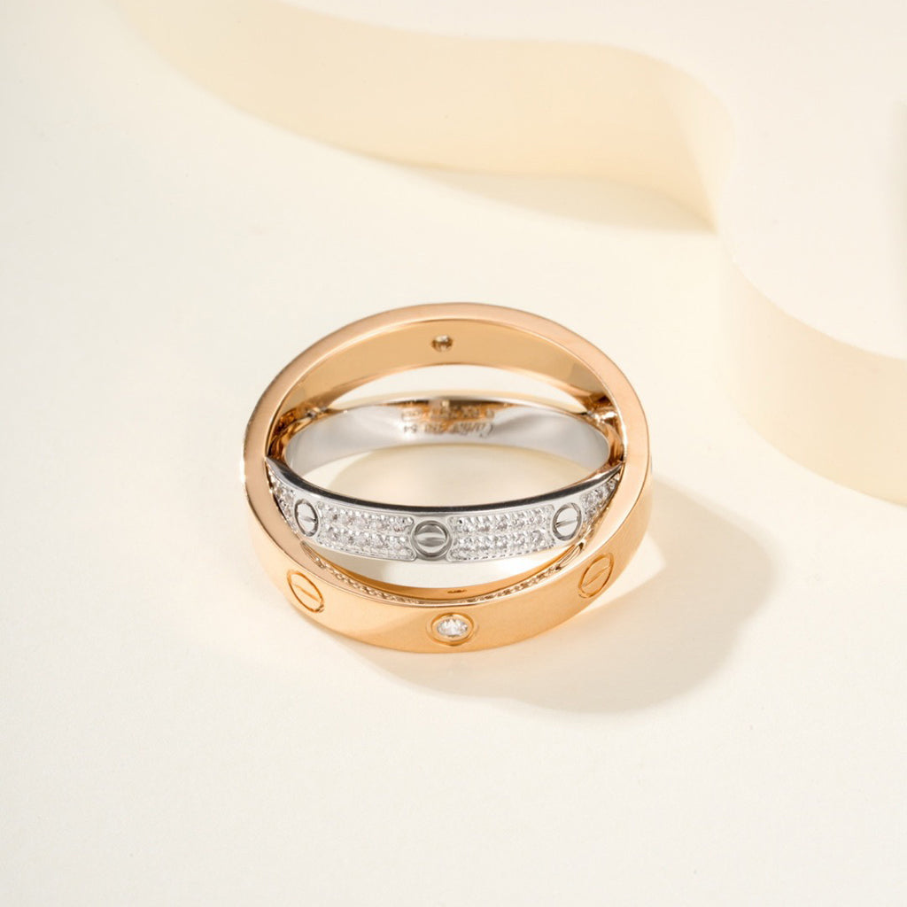 [ElanLuxe Jewelry]LOVE PINK GOLD SILVER DIAMOND DOUBLE RING