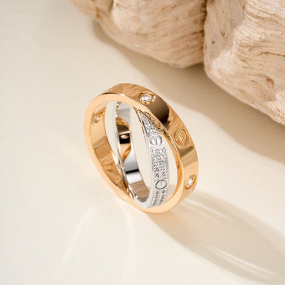 [ElanLuxe Jewelry]LOVE PINK GOLD SILVER DIAMOND DOUBLE RING