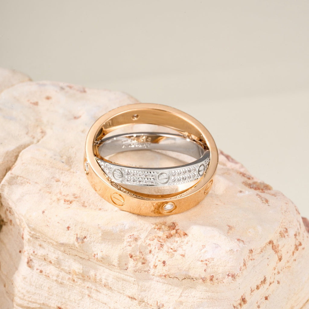 [ElanLuxe Jewelry]LOVE PINK GOLD SILVER DIAMOND DOUBLE RING