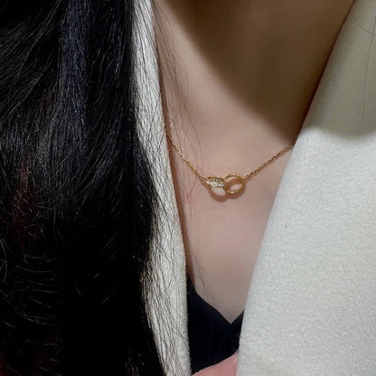 [ElanLuxe Jewelry]LOVE DOUBLE RING HALF DIAMOND NECKLACE