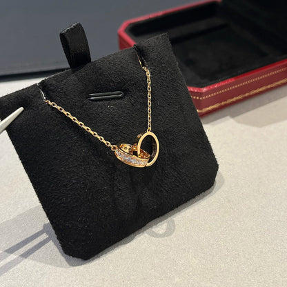 [ElanLuxe Jewelry]LOVE DOUBLE RING HALF DIAMOND NECKLACE