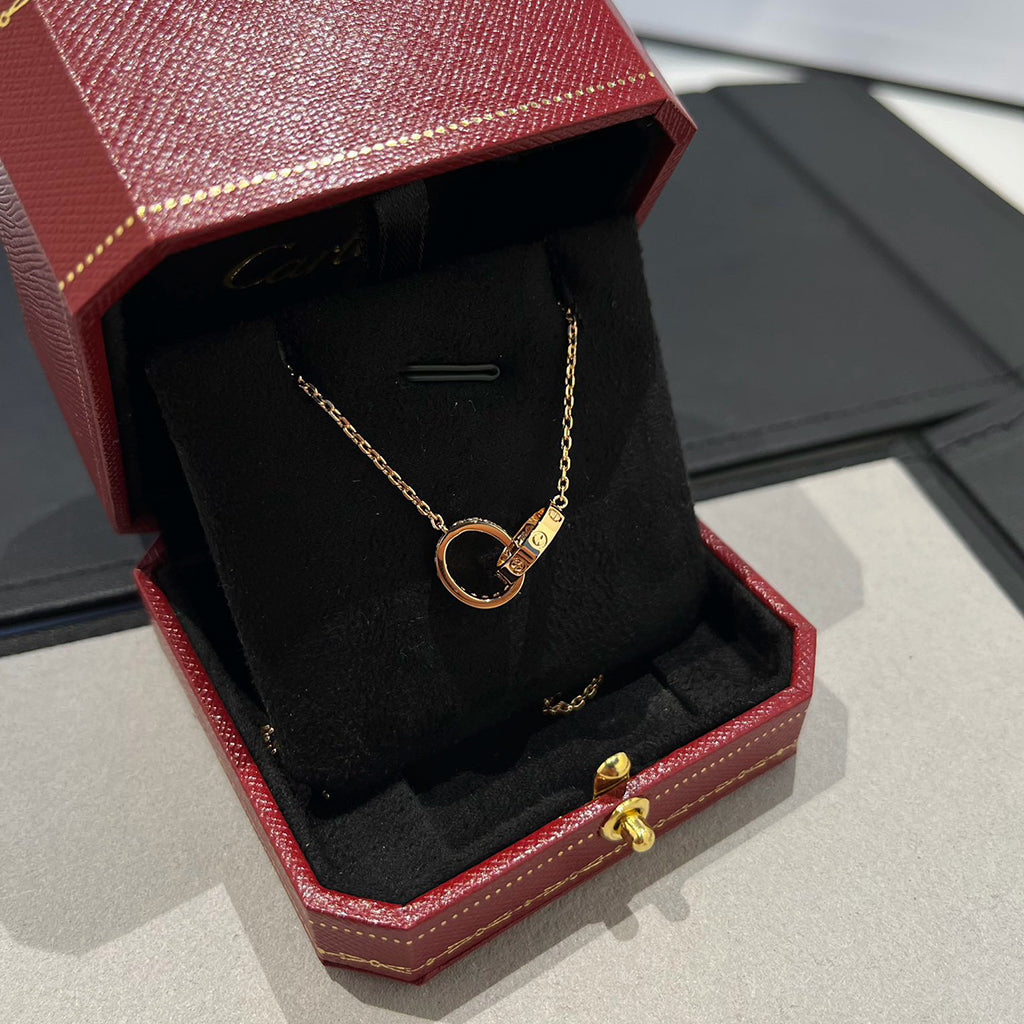 [ElanLuxe Jewelry]LOVE DOUBLE RING HALF DIAMOND NECKLACE