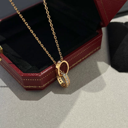 [ElanLuxe Jewelry]LOVE DOUBLE RING HALF DIAMOND NECKLACE