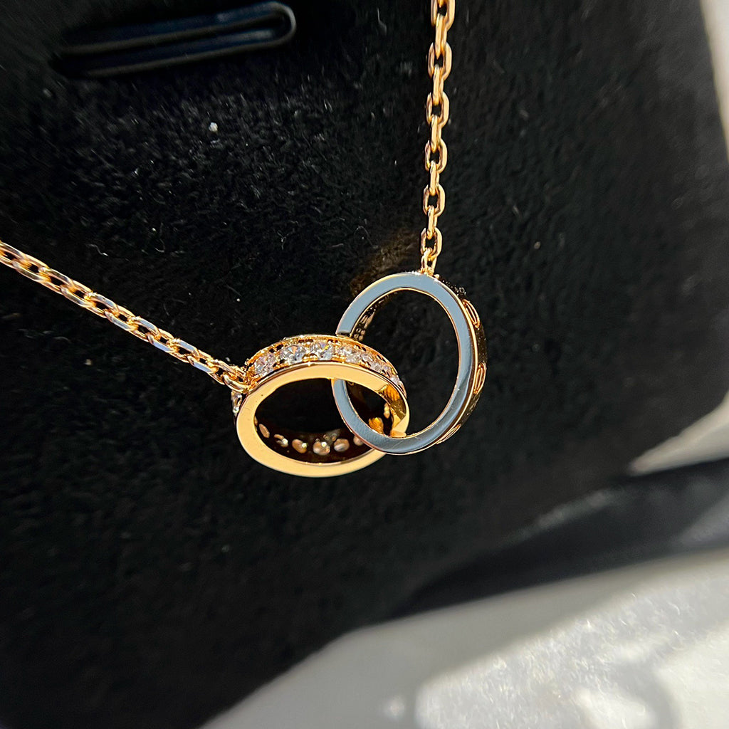 [ElanLuxe Jewelry]LOVE DOUBLE RING HALF DIAMOND NECKLACE