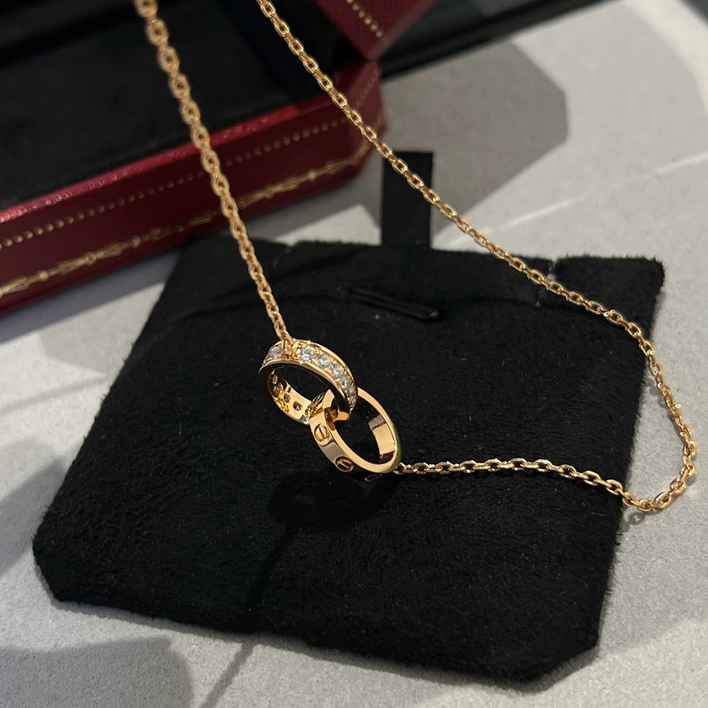 [ElanLuxe Jewelry]LOVE DOUBLE RING HALF DIAMOND NECKLACE