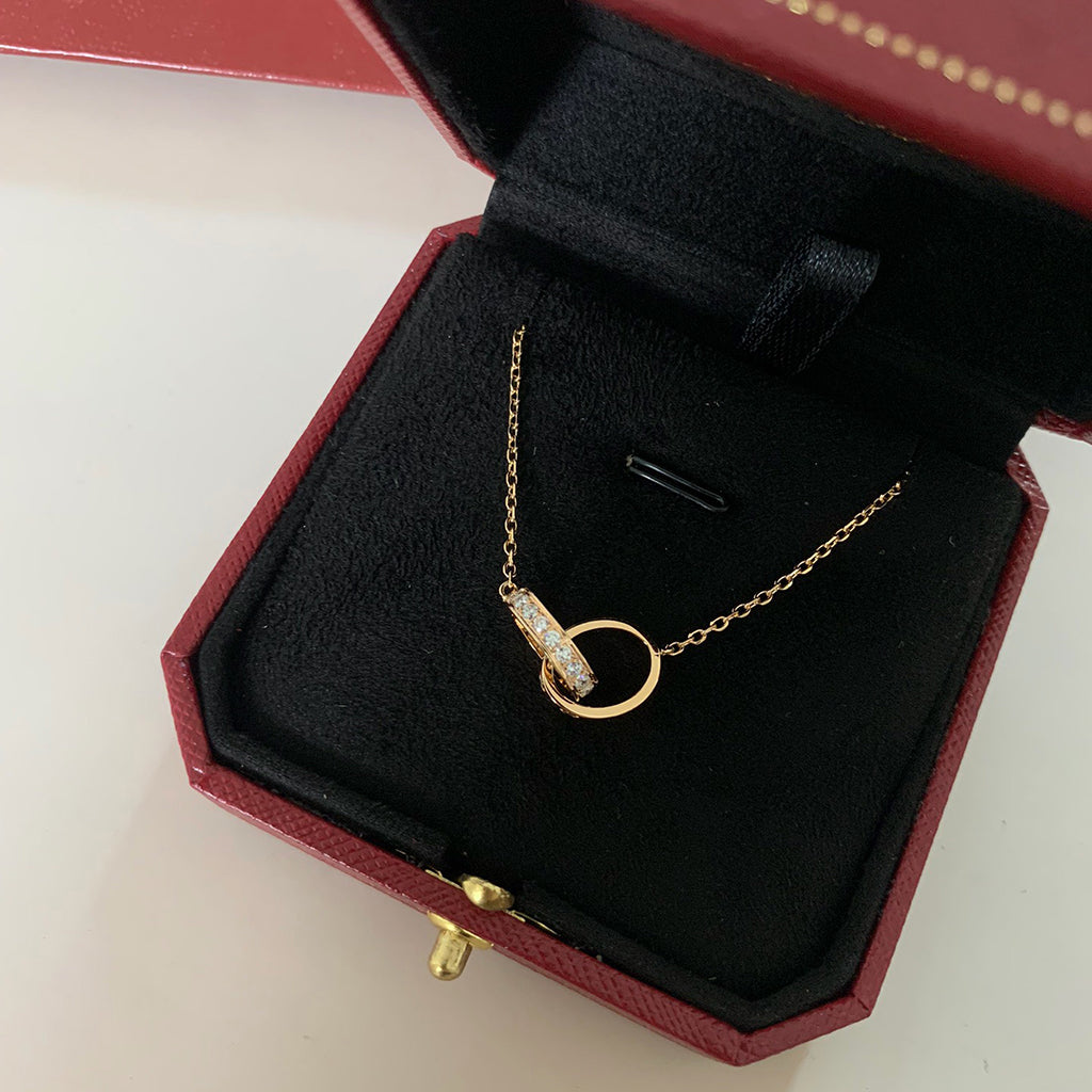 [ElanLuxe Jewelry]LOVE DOUBLE RING HALF DIAMOND NECKLACE