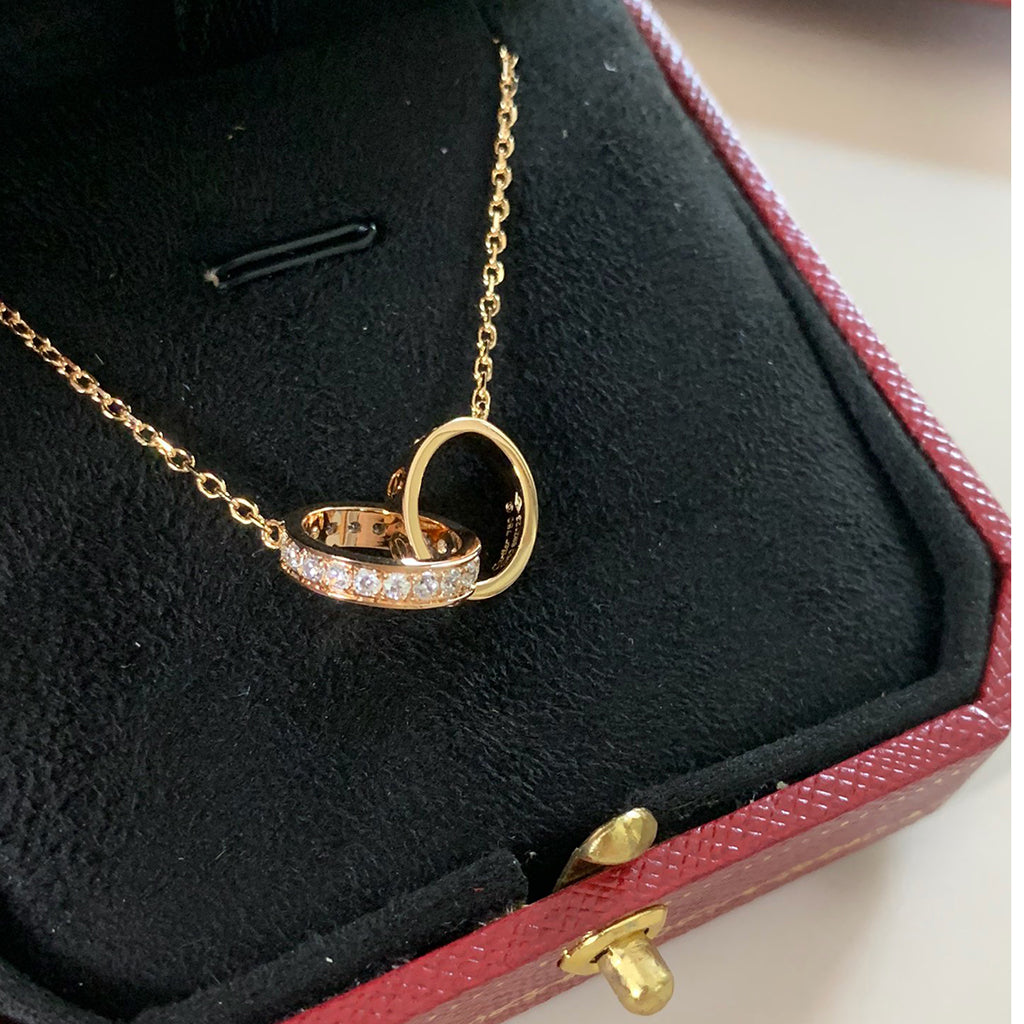 [ElanLuxe Jewelry]LOVE DOUBLE RING HALF DIAMOND NECKLACE